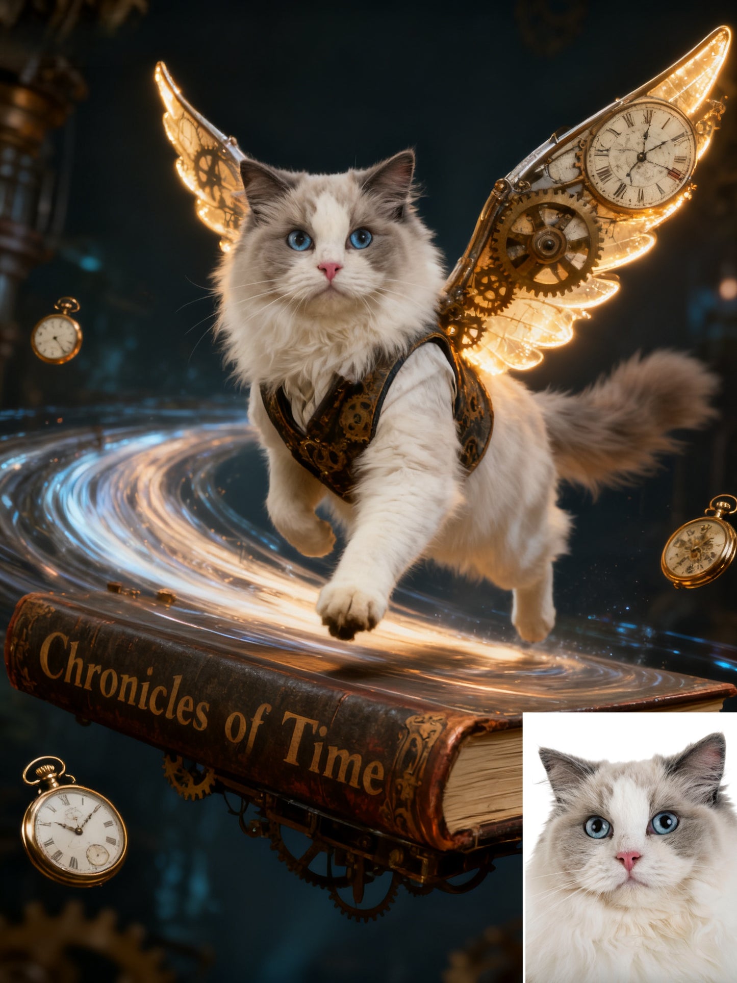 The Aetherwing Chronographer Custom Pet Portrait | Steampunk Pet Art with Gear Wings | Time Traveler Fantasy Decor