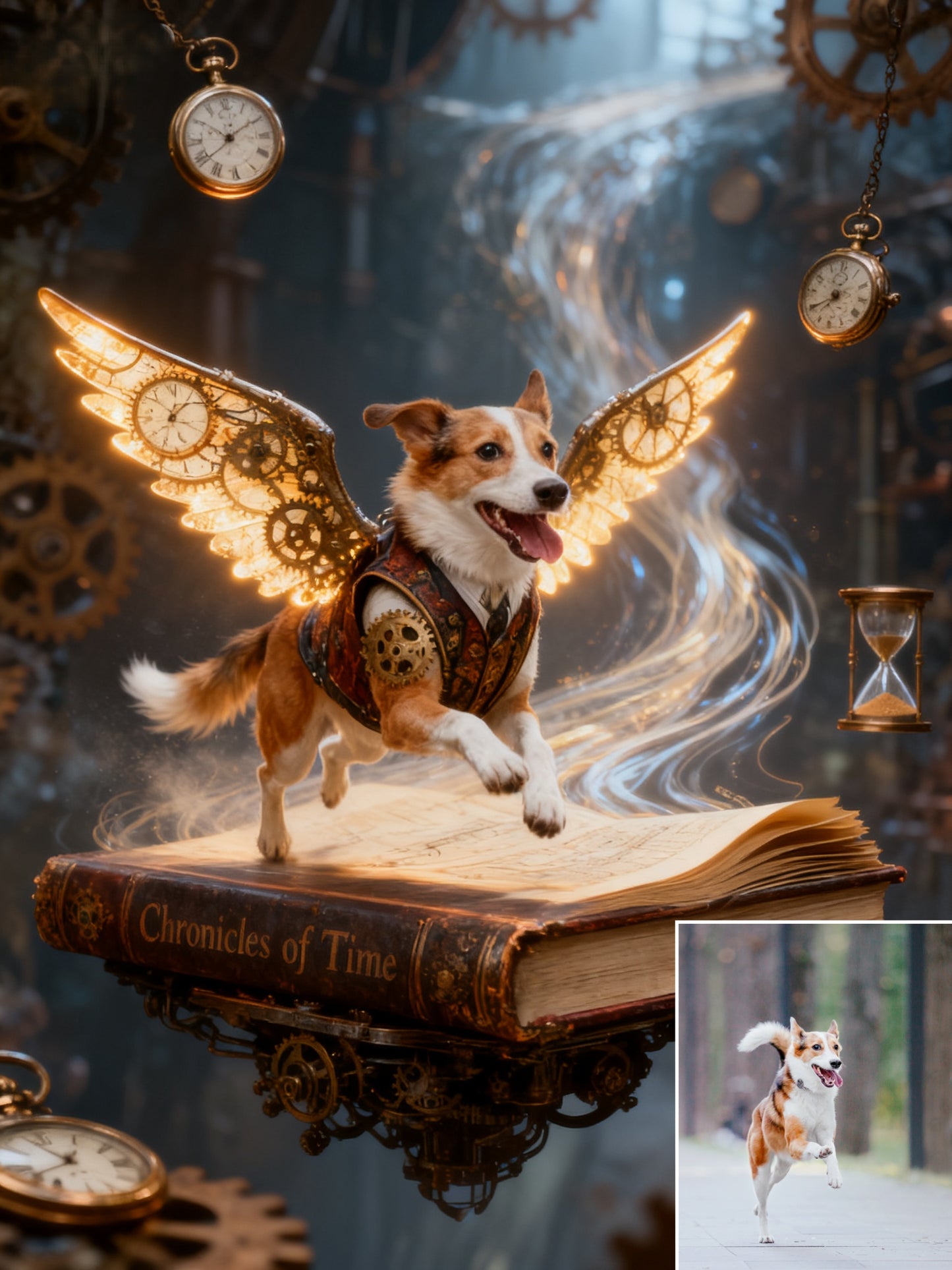The Aetherwing Chronographer Custom Pet Portrait | Steampunk Pet Art with Gear Wings | Time Traveler Fantasy Decor