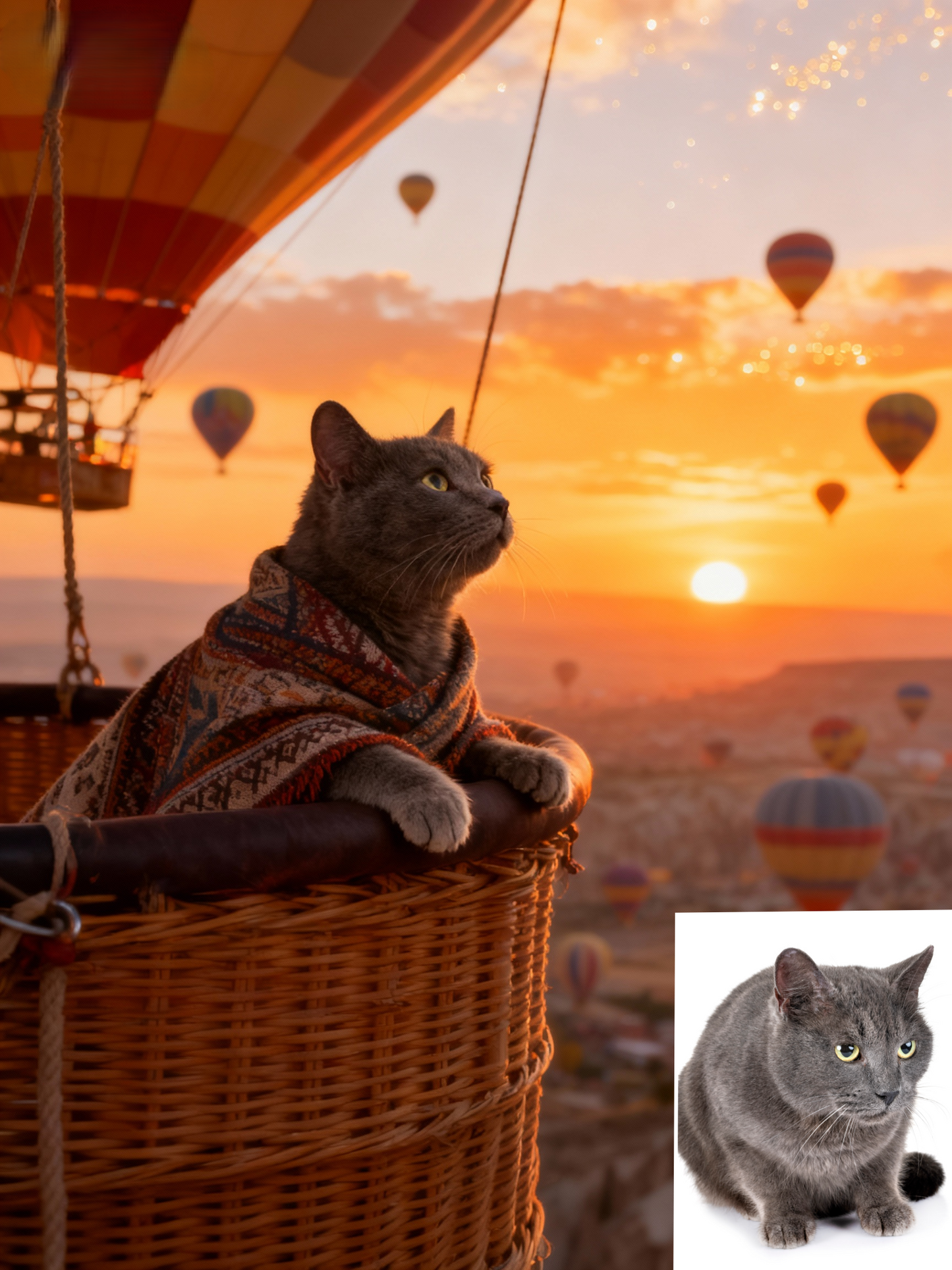 The Sky Wanderer Custom Pet Portrait, Air Balloon Adventure Art in Golden Hour Scenery