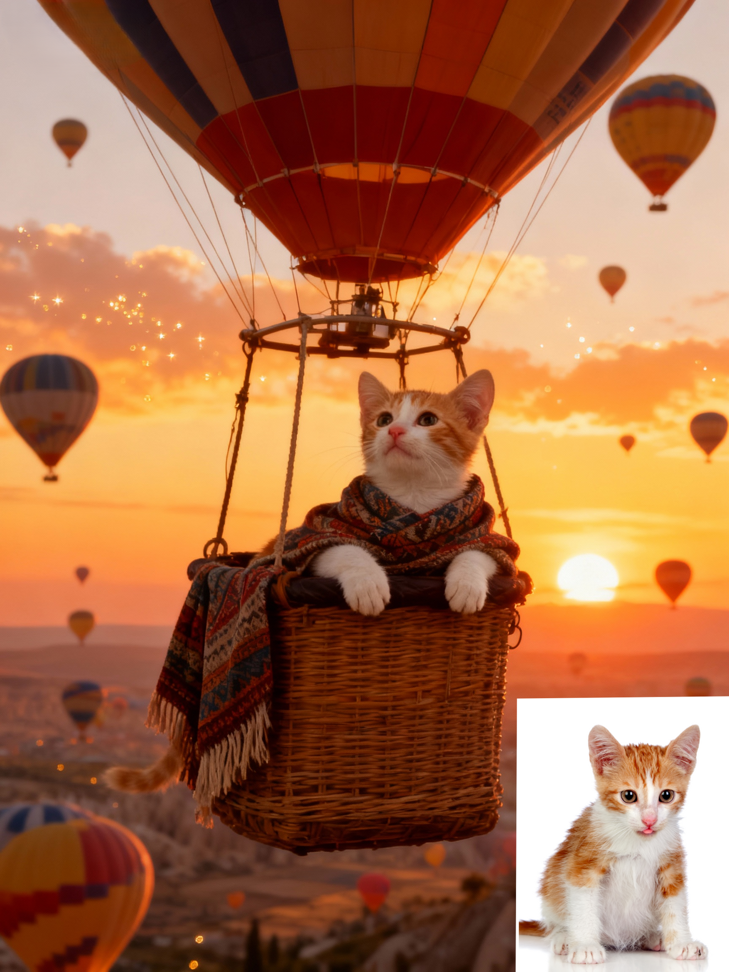 The Sky Wanderer Custom Pet Portrait, Air Balloon Adventure Art in Golden Hour Scenery