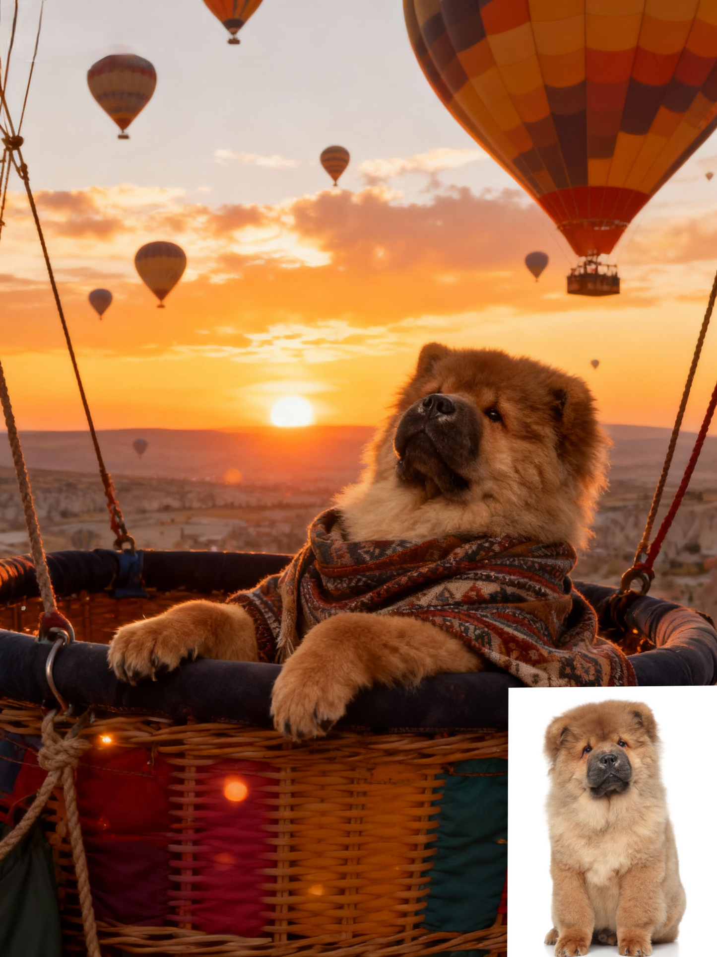 The Sky Wanderer Custom Pet Portrait, Air Balloon Adventure Art in Golden Hour Scenery