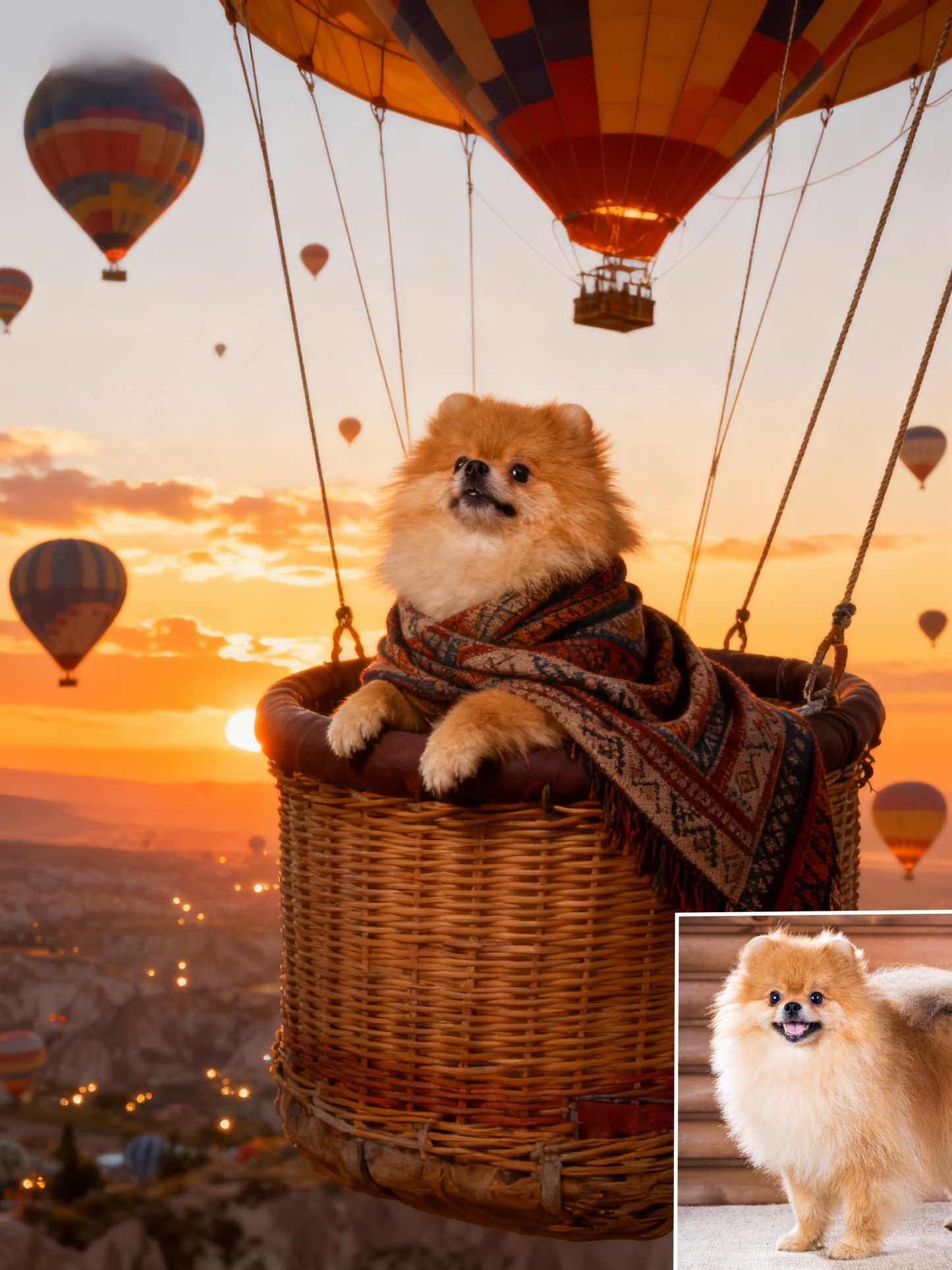 The Sky Wanderer Custom Pet Portrait, Air Balloon Adventure Art in Golden Hour Scenery