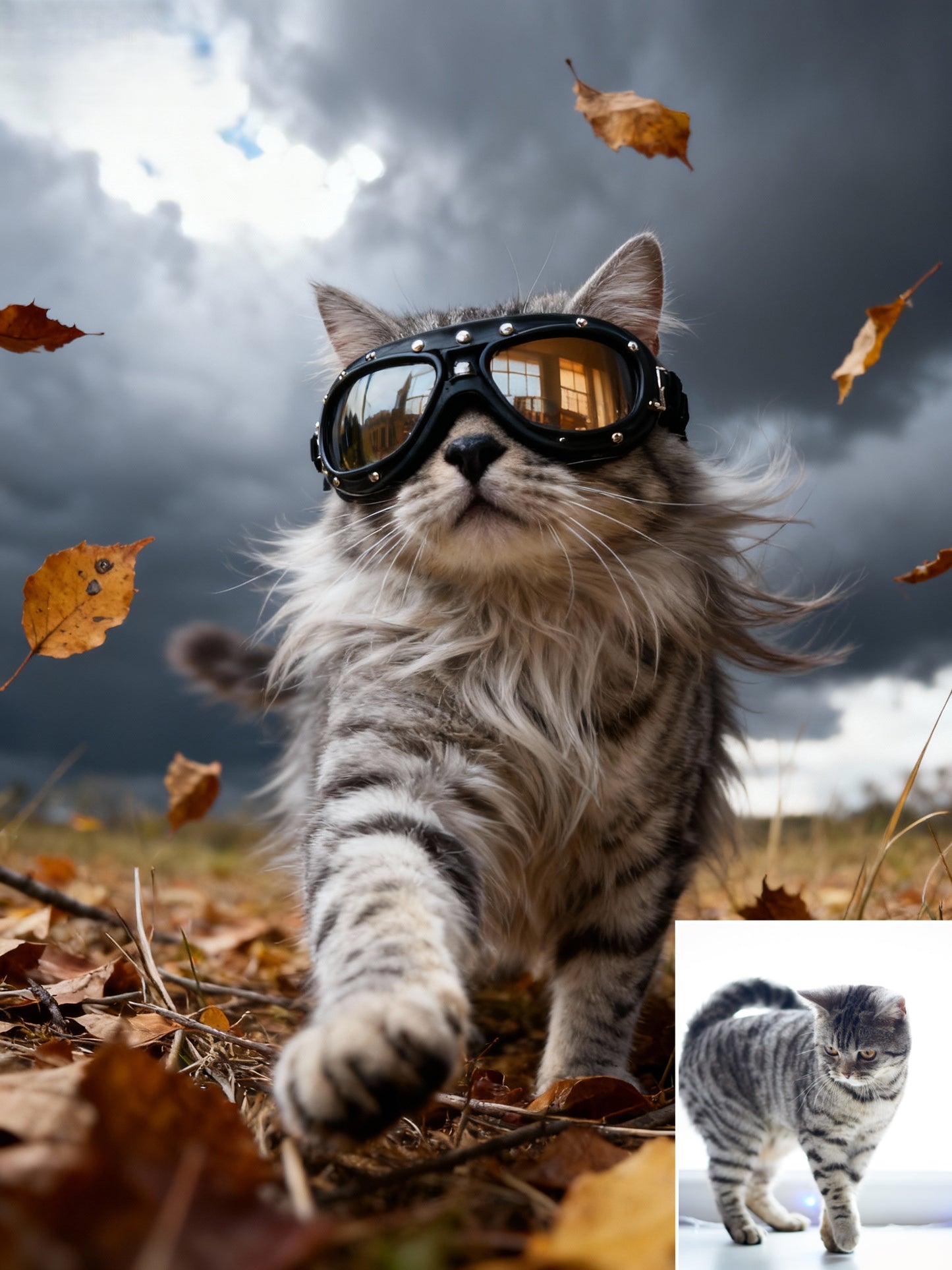 The Autumn Storm Rider Pet Portrait | Custom Aviator Goggles Adventure Art | Dynamic Fall Biker Canvas