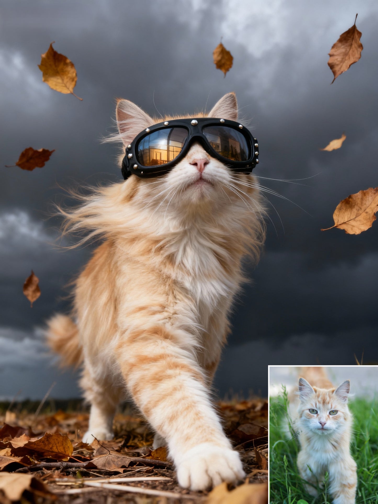 The Autumn Storm Rider Pet Portrait | Custom Aviator Goggles Adventure Art | Dynamic Fall Biker Canvas