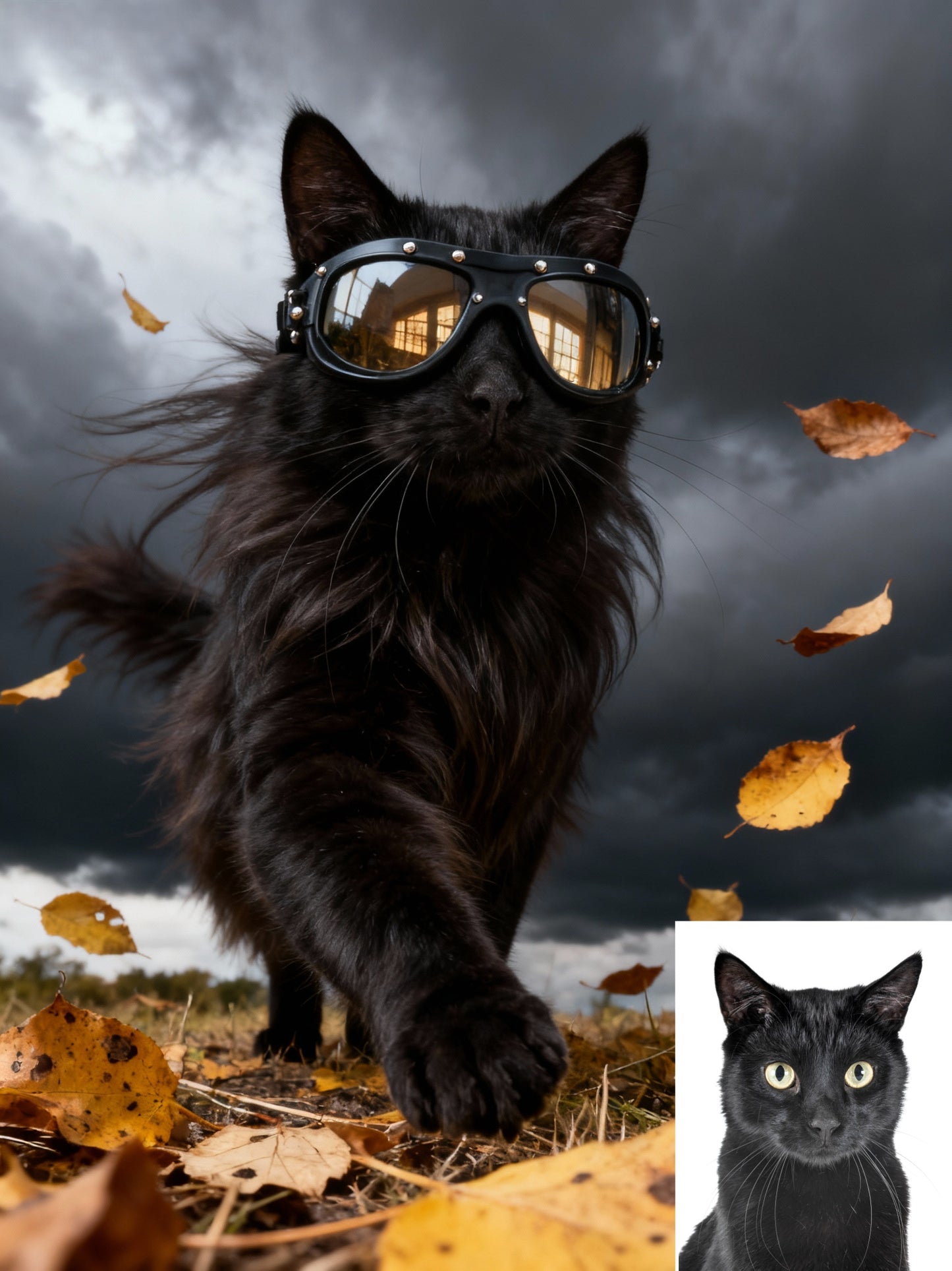 The Autumn Storm Rider Pet Portrait | Custom Aviator Goggles Adventure Art | Dynamic Fall Biker Canvas