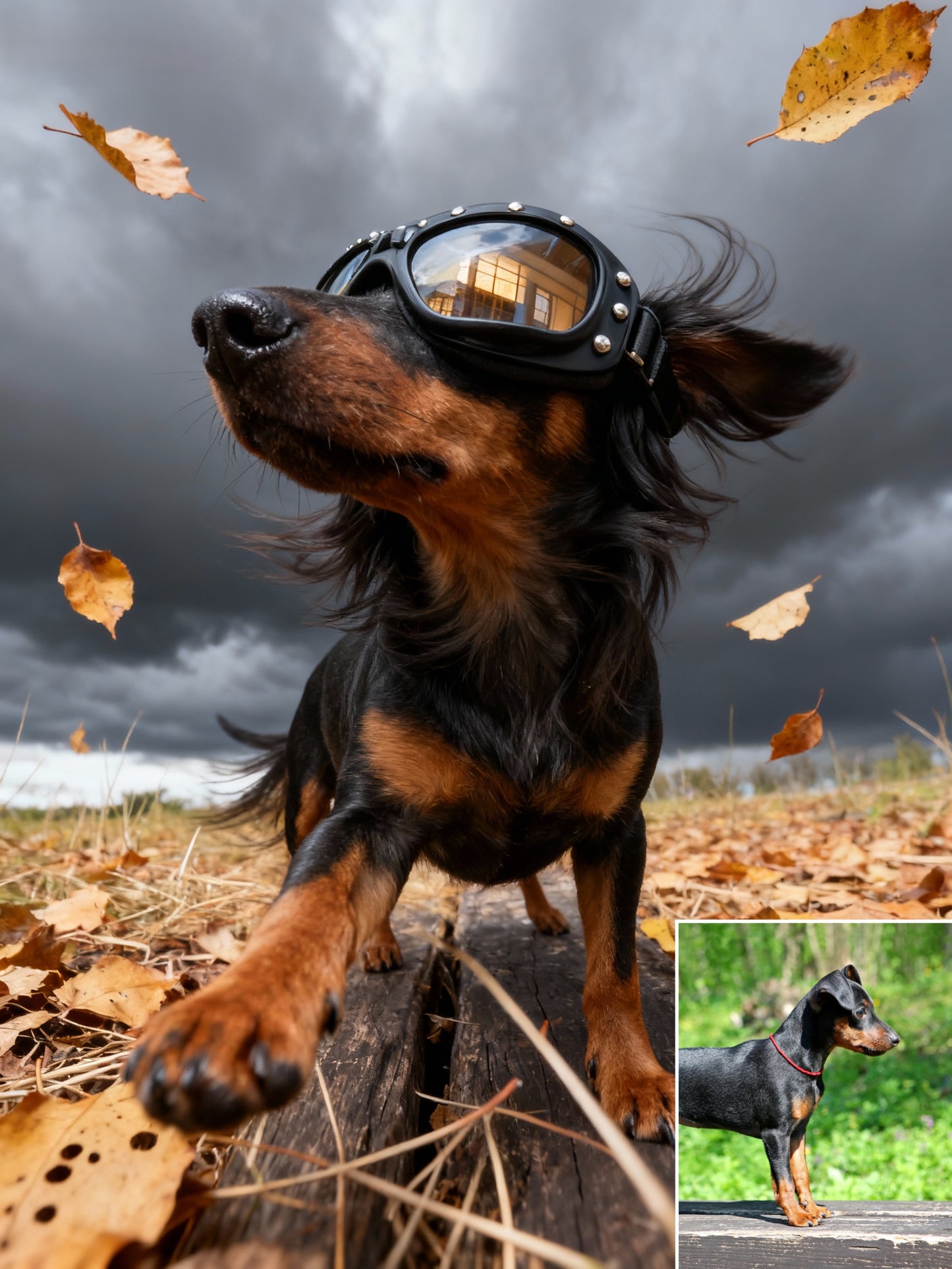 The Autumn Storm Rider Pet Portrait | Custom Aviator Goggles Adventure Art | Dynamic Fall Biker Canvas