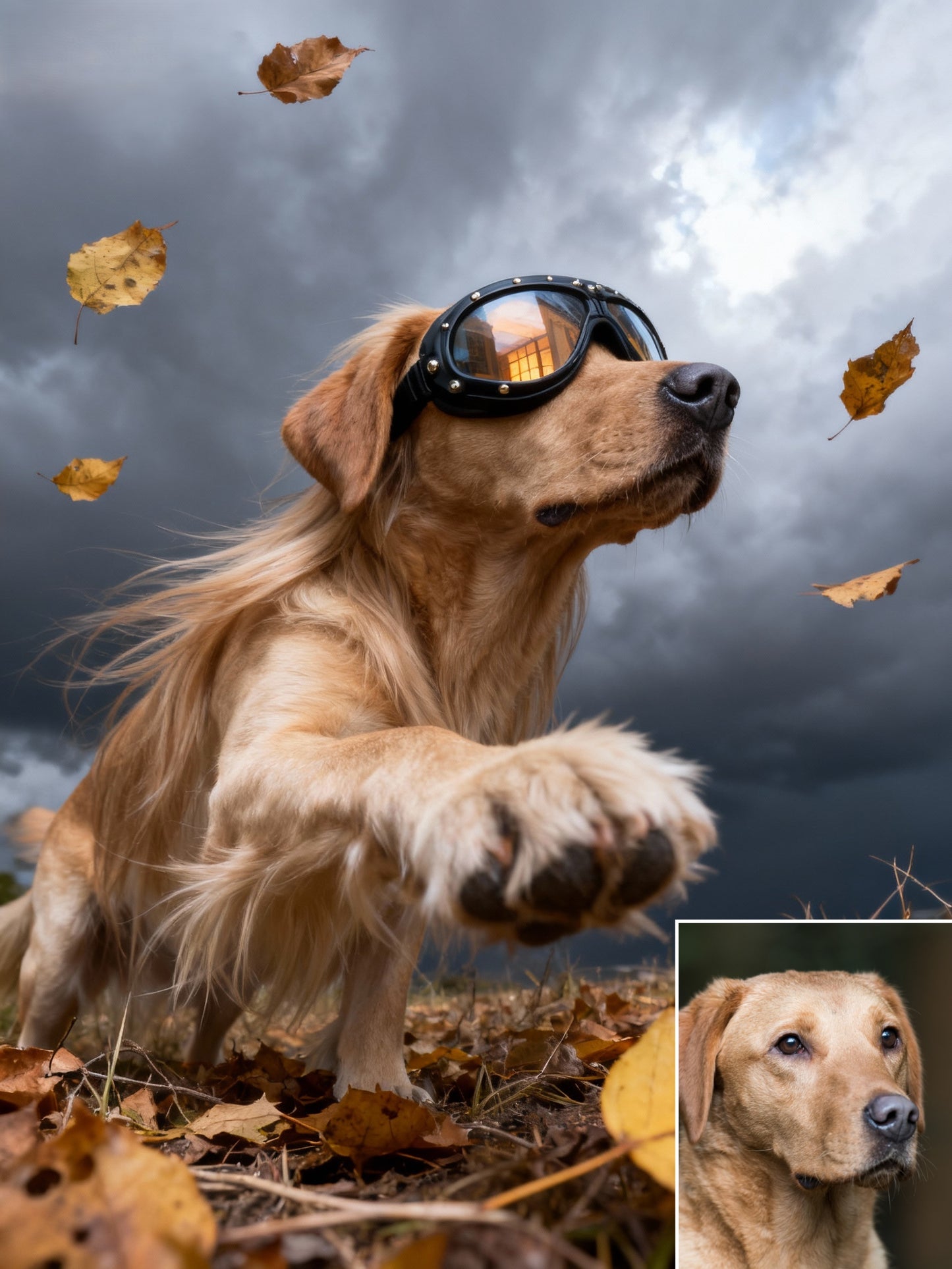 The Autumn Storm Rider Pet Portrait | Custom Aviator Goggles Adventure Art | Dynamic Fall Biker Canvas