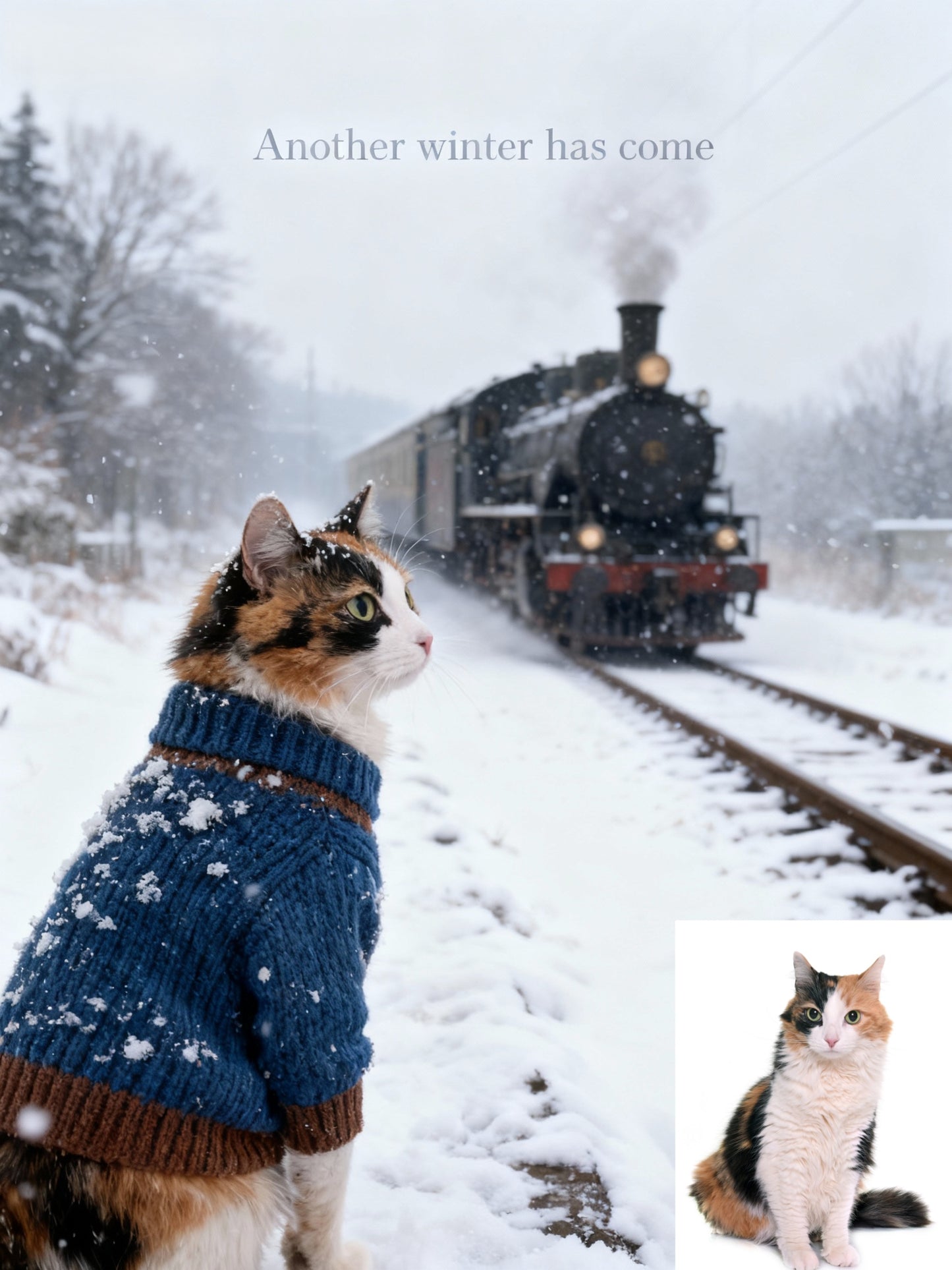 The Polar Express Pet Portrait | Custom Winter Train Adventure Art | Cozy Sweater on Snowy Tracks Canvas
