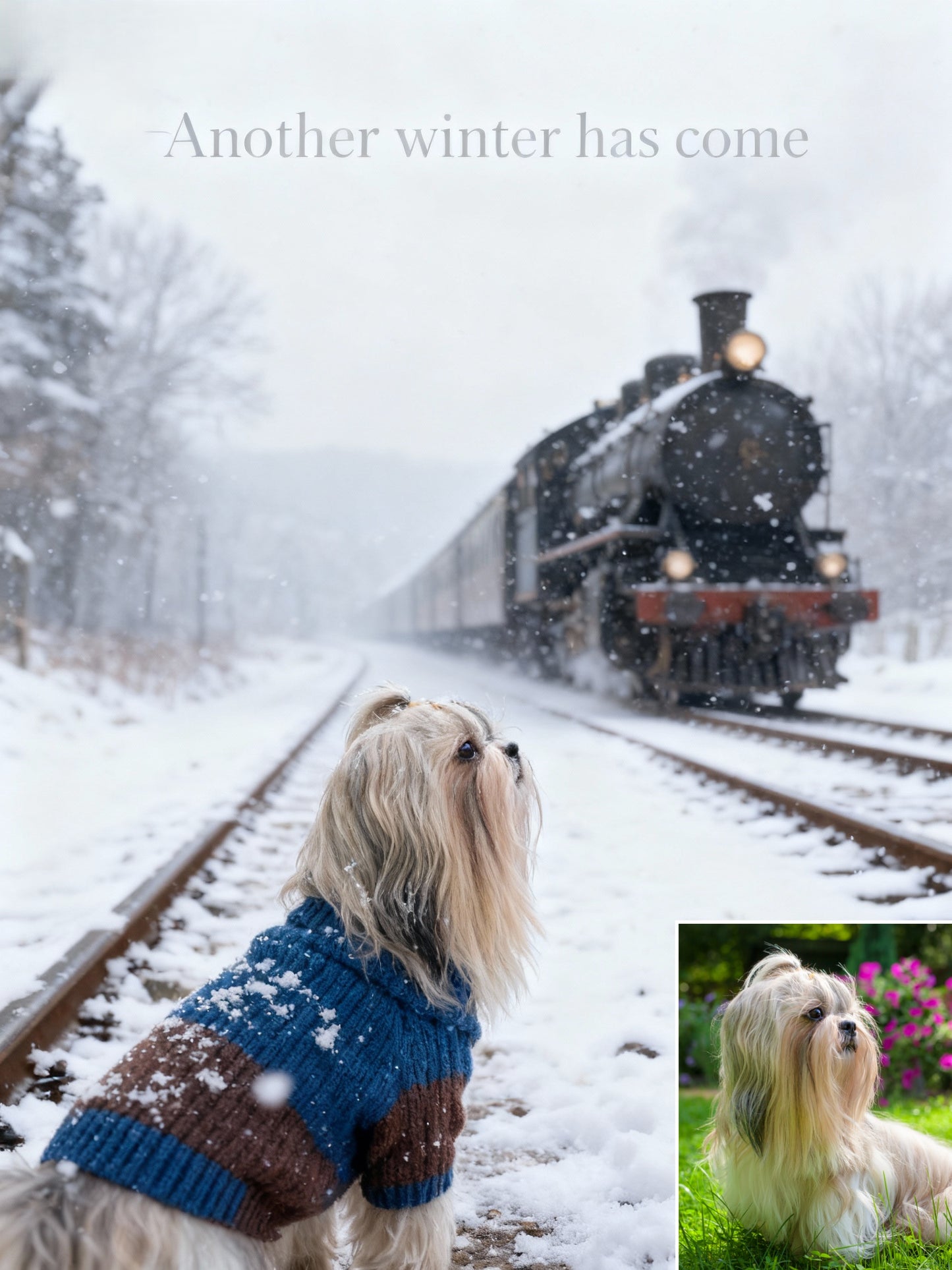 The Polar Express Pet Portrait | Custom Winter Train Adventure Art | Cozy Sweater on Snowy Tracks Canvas