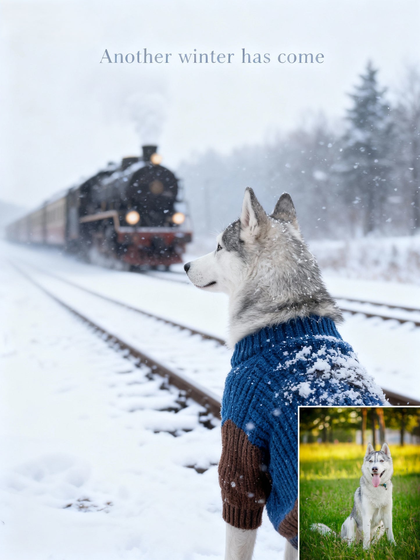 The Polar Express Pet Portrait | Custom Winter Train Adventure Art | Cozy Sweater on Snowy Tracks Canvas